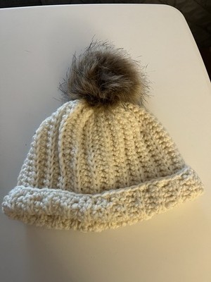 Handmade Crochet Winter Hat kids one size pompom - cream