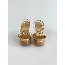 Jimmy Choo Gold Metallic Leather Twisted Strap Cork Wedge Sandals Size 38