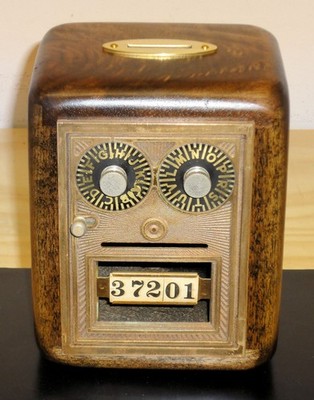 Antique Post Office Box Door Bank-Dual Dial ''Button/Bullseye''-Walnut