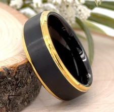 8mm Gold Tungsten Carbide Band   Black Brushed Finish Comfort Fit Unisex Ring