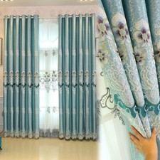 1 Pair European Luxury Embroidered Curtains for Living Room Bedroom Blue Gre...