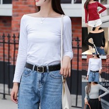Women Casual Long Sleeve Off Shoulder Top - Solid Color Boat Neck Pullover Tee
