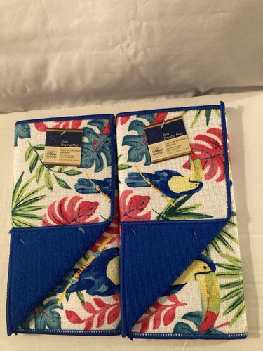 Spring 2 pc dish drying mat tropical birds leaves kitchen 11x17 in