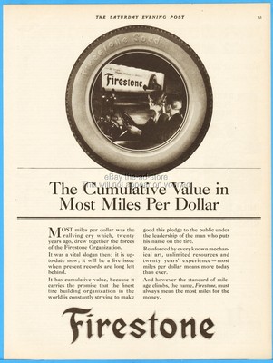 1921 Firestone Tires Most Miles Per Automobile Garage Wall Décor Ad
