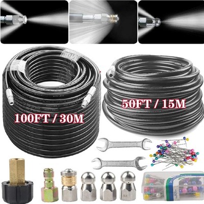 100FT Sewer Jetter Nozzles Kit Drain Cleaning Hose for Pressure Washer 5800PSI