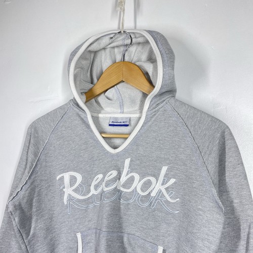 Vintage Reebok Hoodie Womens 12 M Grey Pullover Spell Out Logo V Neck Y2K - Picture 2 of 16