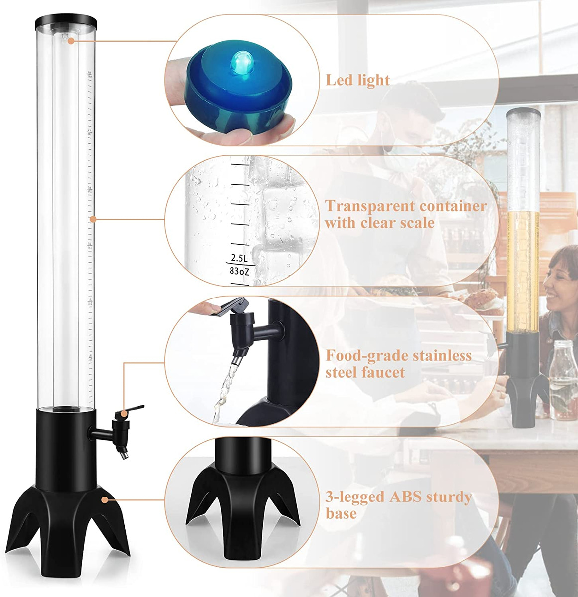 2Pcs Beer Tower, 3L/100Oz Mimosa Tower Dispenser with Ice Tube and LED  Light, Ta