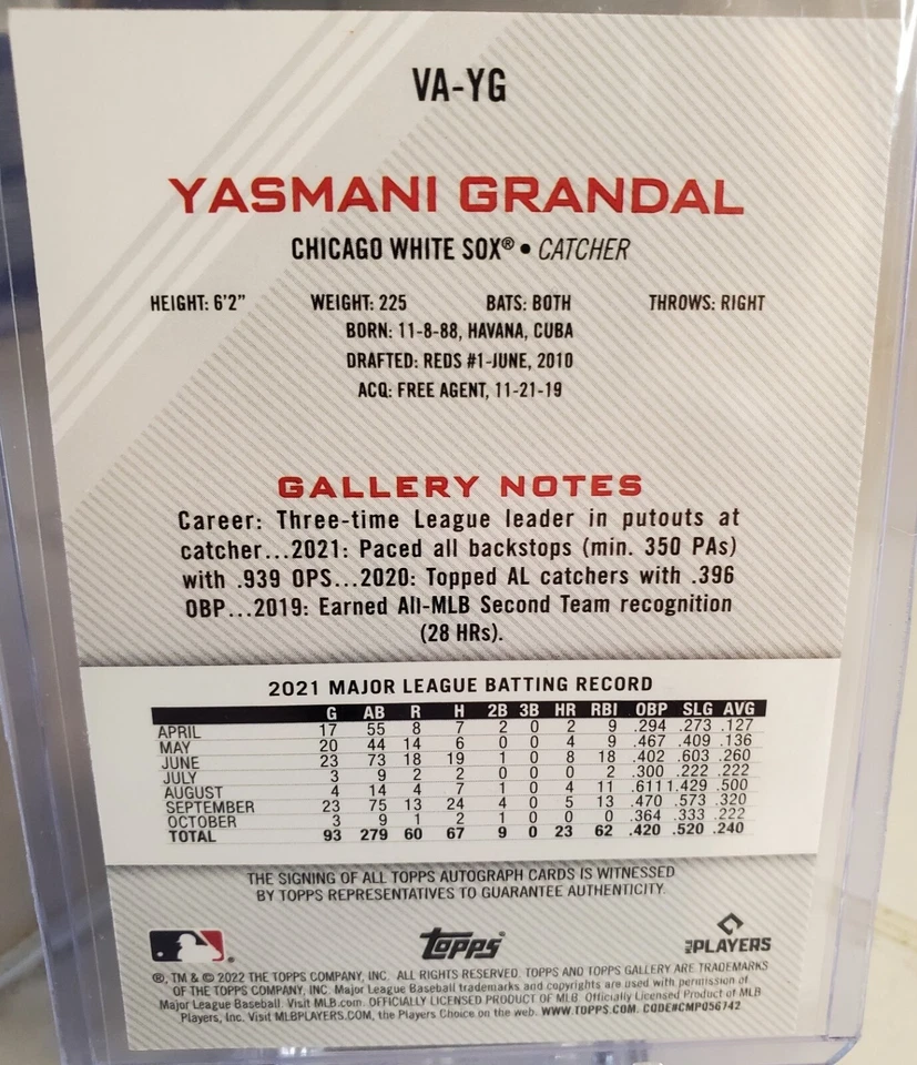 2022 Topps Gallery Auto Gold Black YASMANI GRANDAL #VA-YG Autograph Card SP CHI - Image 2 of 2