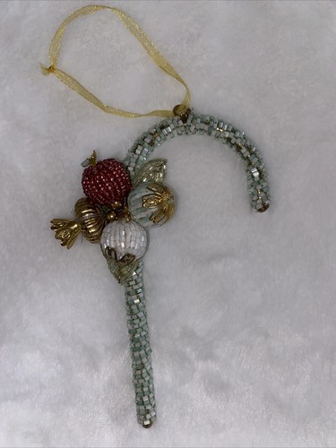 Candy Cane Ornament Beaded Whimsical Pastel Blue Ornate Christmas Decoration - Picture 3 of 5