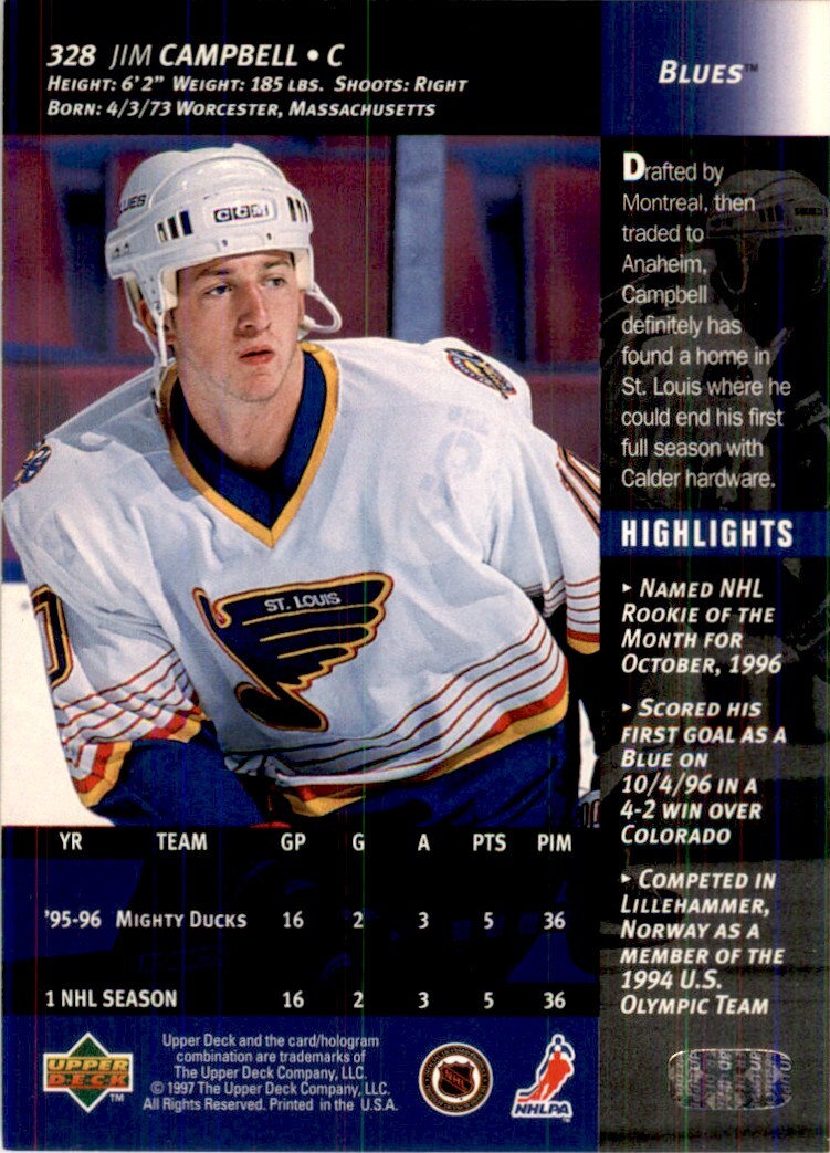 NHLカード 1996-97 Upper Deck Jim Campbell St. Louis Blues #328 NHL Hockey