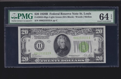 US 1928B $20 FRN St. Louis LGS FR 2052-H PMG 64 EPQ V Ch CU (533)