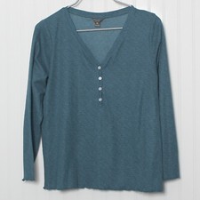 Eddie Bauer Women Greenish Blue VNeck Long Sleeve Waffle Knit Poly Top Lge