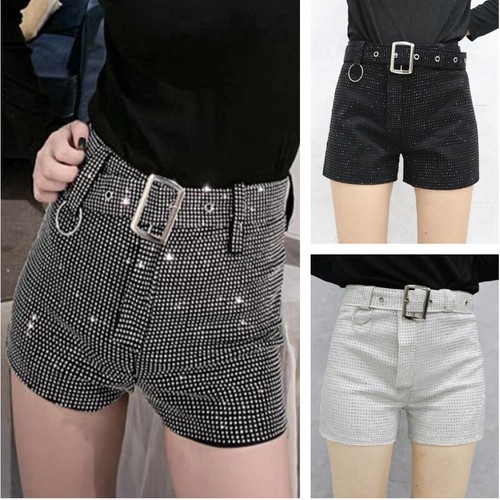 Women Crystal Glitter Shiny Shorts with Belt Hot Pants Dance Punk Clubwear - Picture 2 of 18