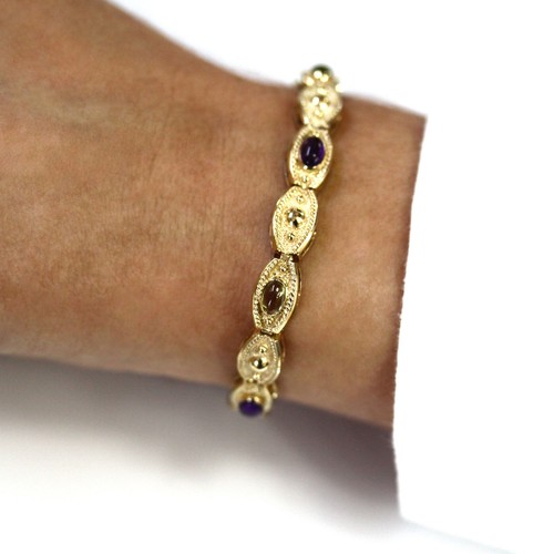 3 ctw Natural Purple Amethyst & Green Peridot Solid 14k Yellow Gold Bracelet 7" - Picture 5 of 10