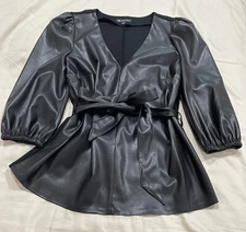 I.N.C. Internacional Concepts Top Tunic Non Leather Vneck 3/4 Sleeve Black SZ M