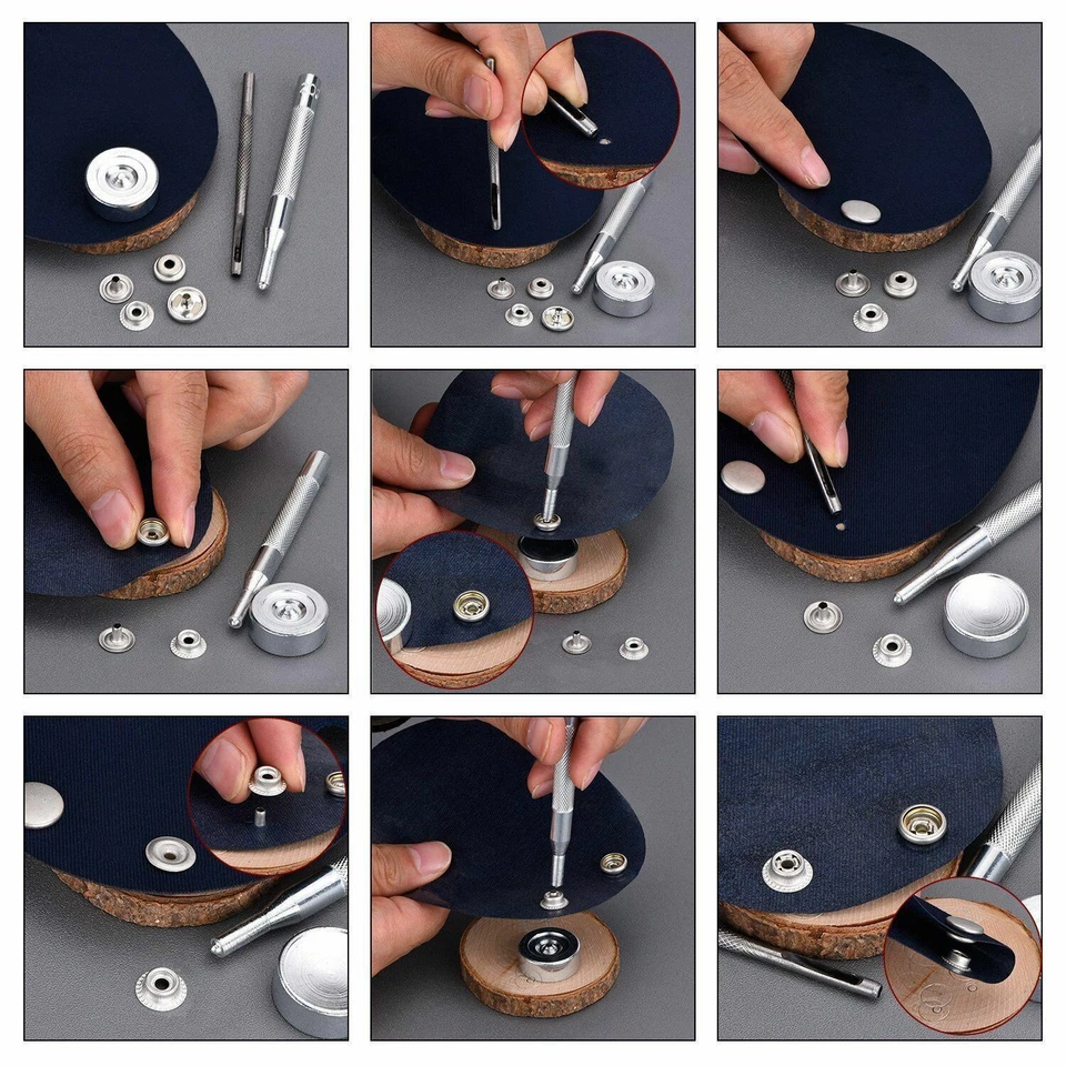 20 Set Argento Ottone Bottoni Automatici 15mm & Mano Attrezzo Kit per Pelle - Immagine 4 di 4
