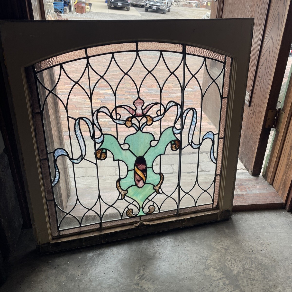 SG4149 antique arch top stained glass window 29.5 H by 30 W