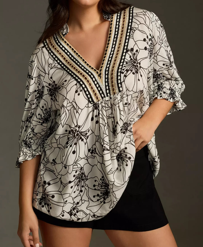 NWT Figuero & Flower Blouse Womens XL Pullover 3/4 Sleeve Black & White Boho Top