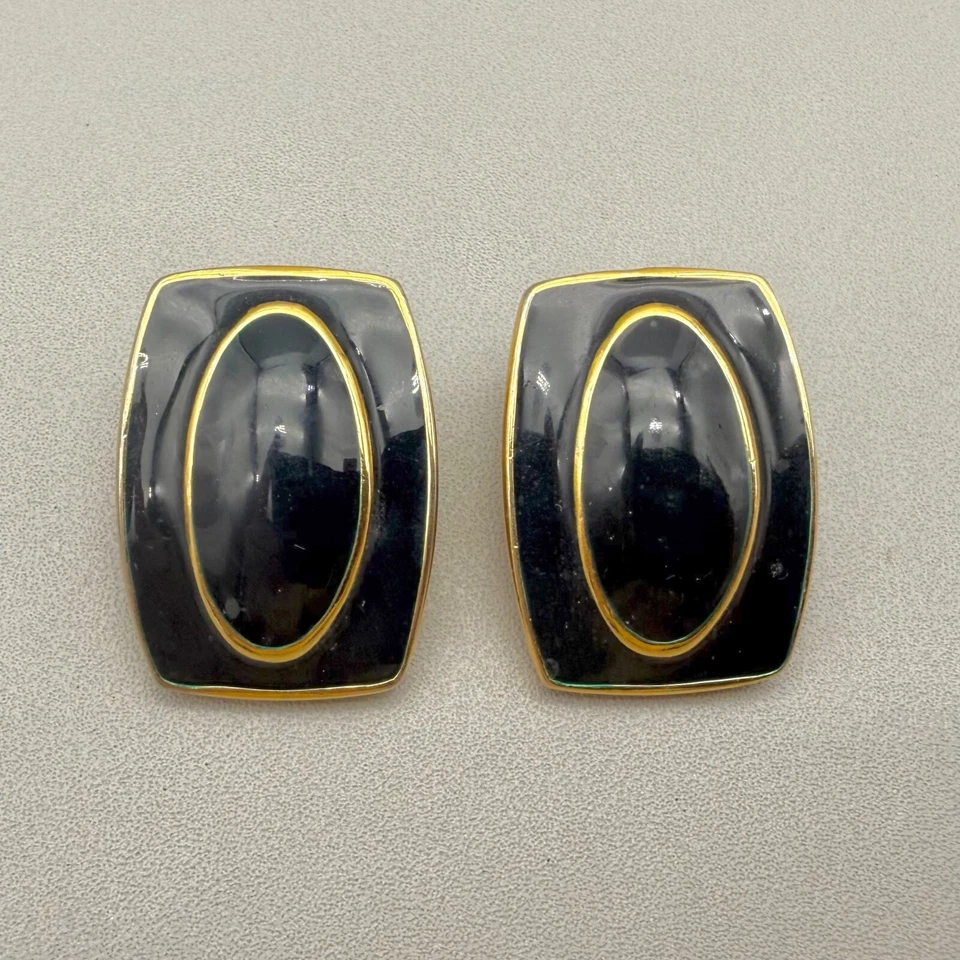 Винтажные серьги-клипсы Monet темно-синие золотистые стильные опрятные прямоугольные запонки - Изображение 2 из 4