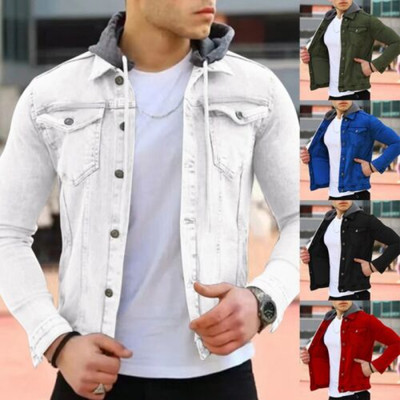 Autumn Mens Long-Sleeve Hooded Coat Jean Button Up Slim Fit Jacket Lapel Tops