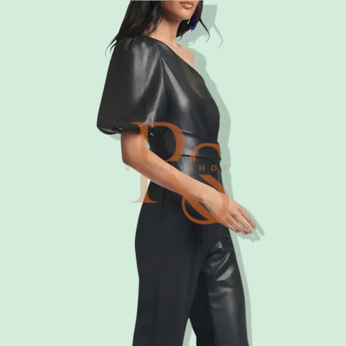 Women's Black Leather Jumpsuit One Shoulder Style In Real Lambskin Leather Suit - Picture 2 of 4