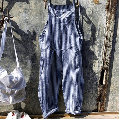 Women Striped Dungarees Jumpsuit Playsuit Casual Overalls Baggy Romper Pants US - Picture 13 of 15
