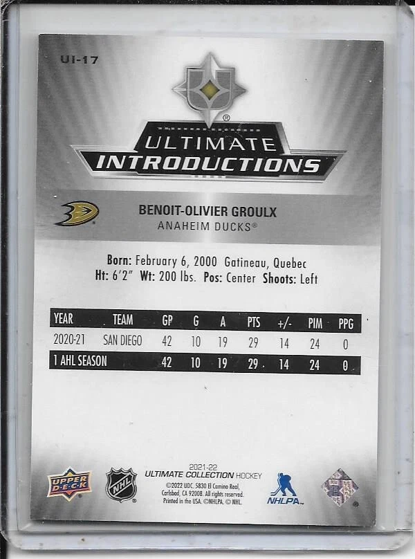 2021-22 Ultimate Collection Benoit-Olivier Groulx Ultimate Introductions # UI-17 - Image 2 of 2