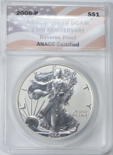 2006-P AMERICAN SILVER EAGLE REVERSE PROOF ANACS RP70 DCAM (20TH ANN FLAG LABEL) - Picture 3 of 6