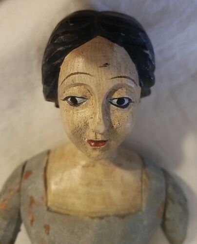 Geschnitzte Holz handbemalte Frau Figur große Hände beweglich Santos Stil 15" H - Bild 2 von 14