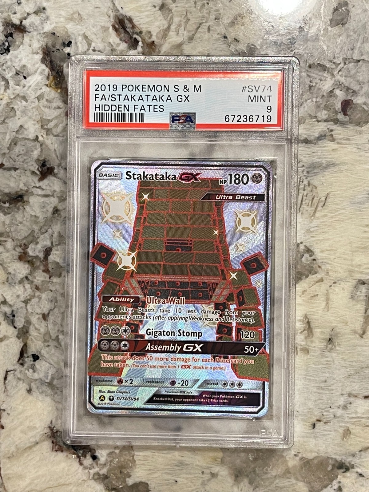 Pokemon Hidden Fates Stakataka GX Full Art #SV74 PSA 9 *719