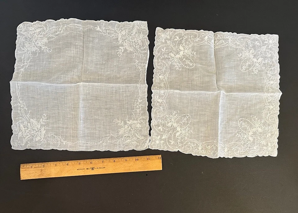 "Juego de 2 pañuelos de novia bordados a mano vintage de 12""" Foto 3 de 4