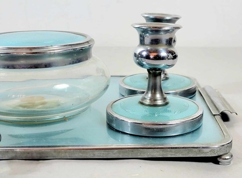 Vintage Mid Century Modern Faux Guilloche Enamel Dressing Table Set c 1950 - Picture 3 of 7