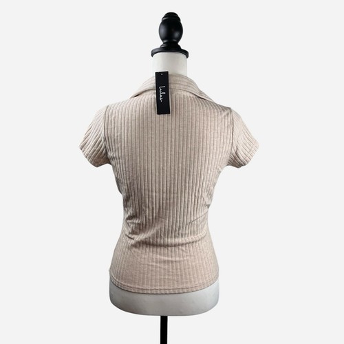 Lulus Cropped Polo Top Size M Daily Chic Beige Ribbed Stretchy Knit Fitted NEW - Picture 3 of 10