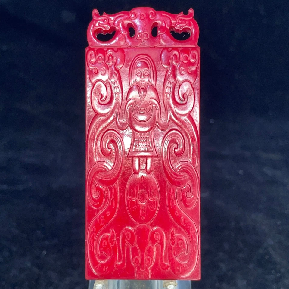 China Rojo Hetian Jadeíta Tallado a Mano Colgante Collar Estatua Belleza A268 Foto 4 de 4