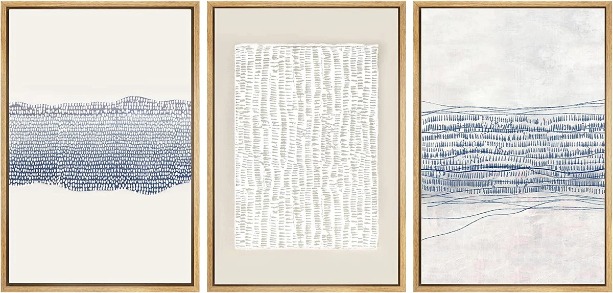Framed Canvas Print Wall Art Set Blue White Grunge Geometric