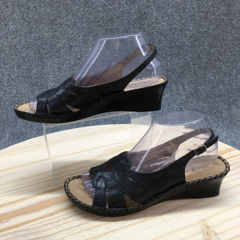 Sandalias Cabeza de Pato para Mujer 8 M Carly Cordones Cuero Negro Hebilla de Cuña Informales Foto 2 de 4