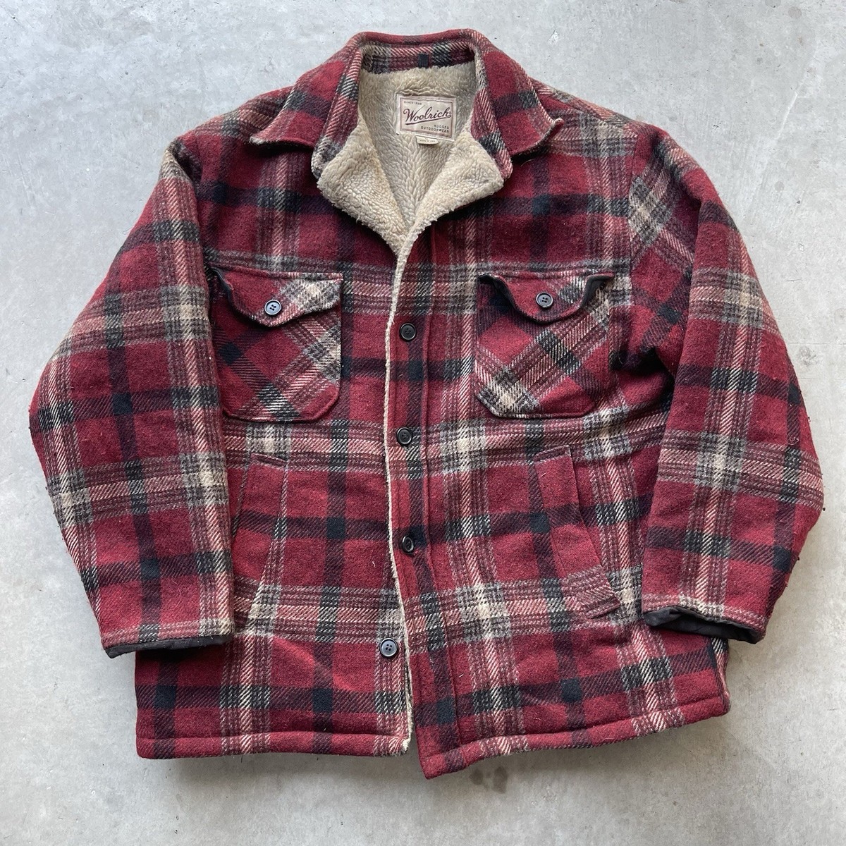 Vintage 70s Woolrich Wool Sherpa Lined Jacket Coat Red Plaid Men