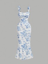 Women's Floral Print Square Neck Sleeveless Bodycon Maxi Dress Long Sundress
