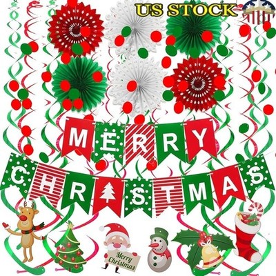 Eco-friendly Paper Christmas Banner Garland Set Party Decor Fans Swirls Dots New