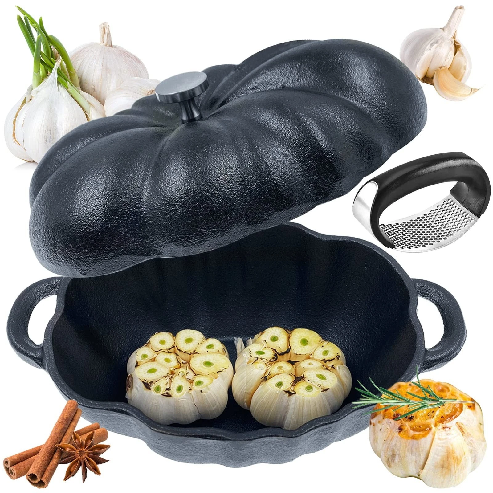 Cast Iron Garlic Roaster Pre Seasoned With Garlic Press Oven Baker BBQ Camping T
Opens in a new wind