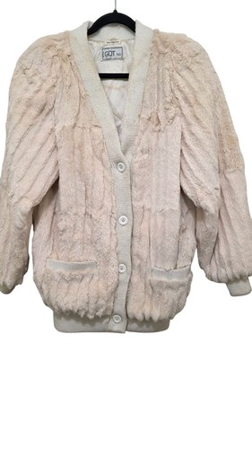 Vintage GDT Rabbit Fur Soft Retro Glam Faux Fur Cardigan Jacket Ribbed Size M