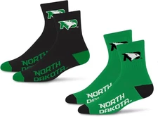For Bare Feet NCAA North Dakota Quarter Sock 2 Pack Team Colors Large Men 10-13