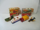 Matchbox Lesney Superfast SF2 Jet, SF30 Swamp Rat, SF36 Refuse, SF65 Coach, box