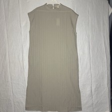 Grade & Gather Woman’s Beige Maxi Dress Mock Neck Plissé Pleated Minimalist Sz L