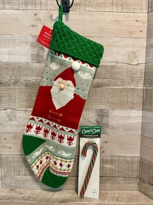World Market Exclusive Red And Green Knit Santa Christmas Stocking & Candy Cane