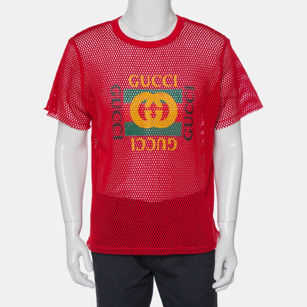 Gucci Red Mesh Logo Printed Crewneck T-Shirt XS | eBay