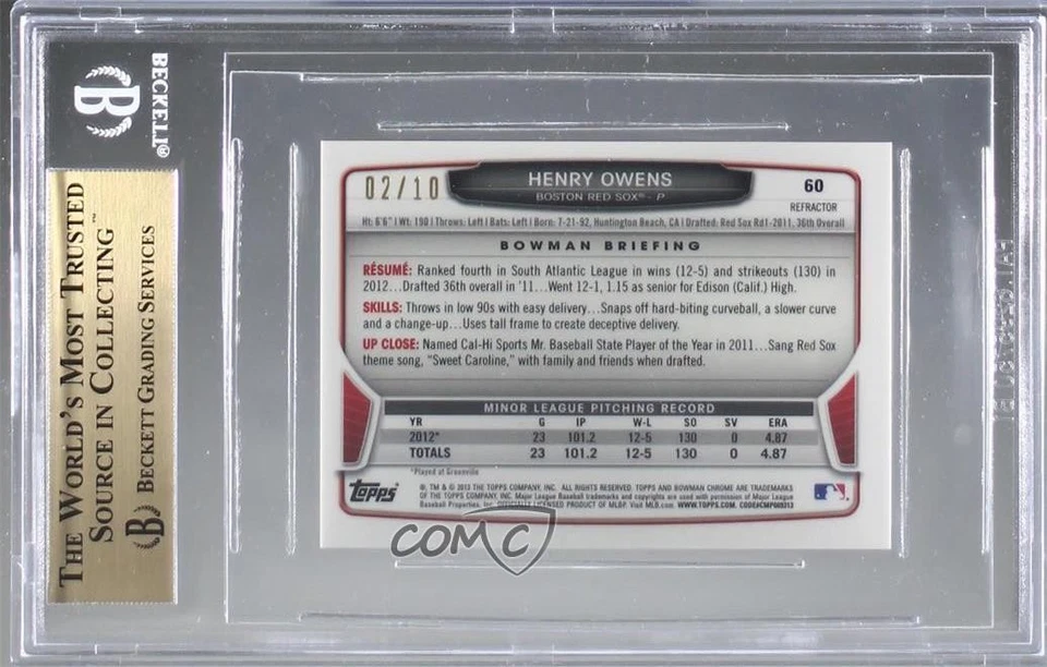2013 Bowman Chrome Minis Red Refractor /10 Henry Owens #60 BGS 9.5 GEM MINT - Image 2 of 2