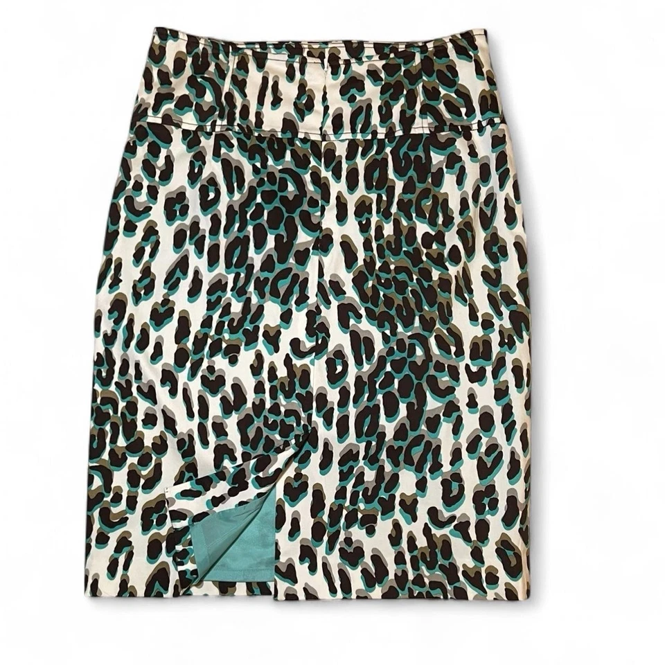 ¡NUEVO SIN ETIQUETAS! Falda lápiz Etcetera estampado de leopardo talla 4 audaz verde azulado topo negra elástica Foto 3 de 3