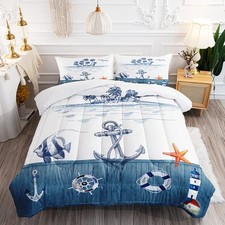 Nautical Sailboat Comforter Set for Kids Adults, Twin Size Anchor Rudder Them...