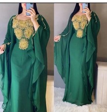 Hand Work Embroidered Moroccan Green Wedding Kaftan Designer Georgette Stylish